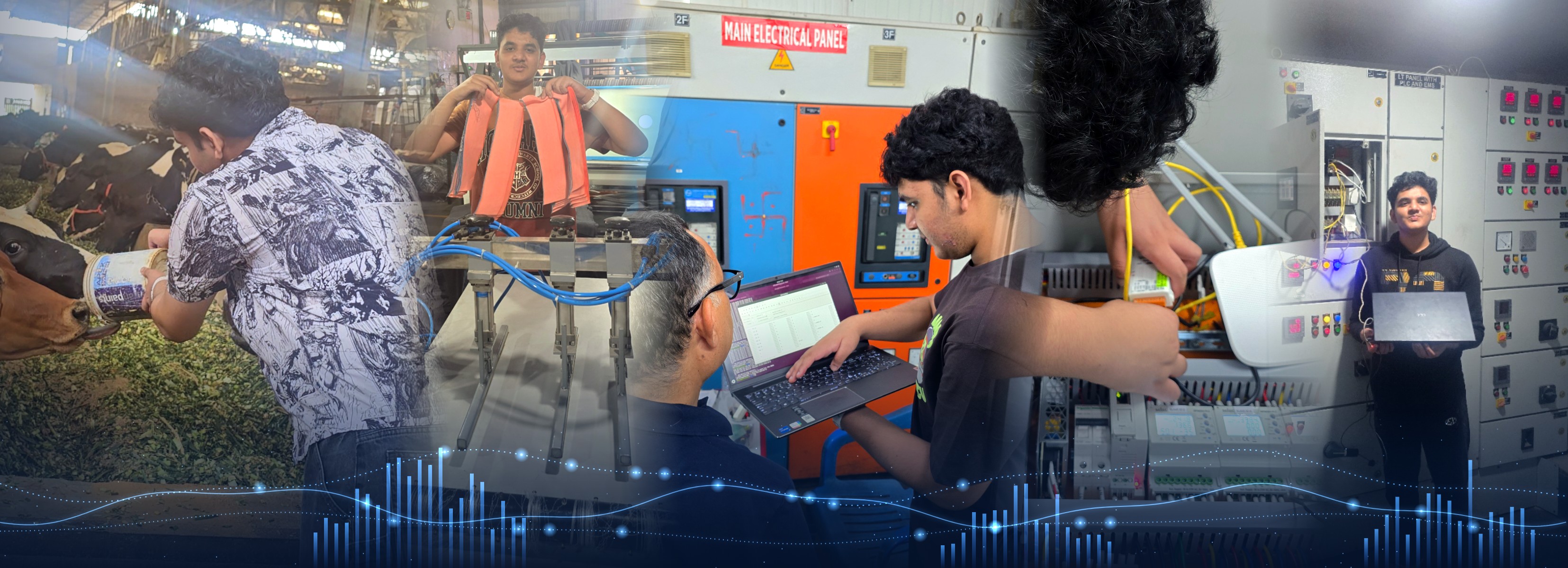 Aditya at the feed mill, on the textile factory floor, reviewing live energy data, installing the AeiX gateway and at the Sakkatech panels