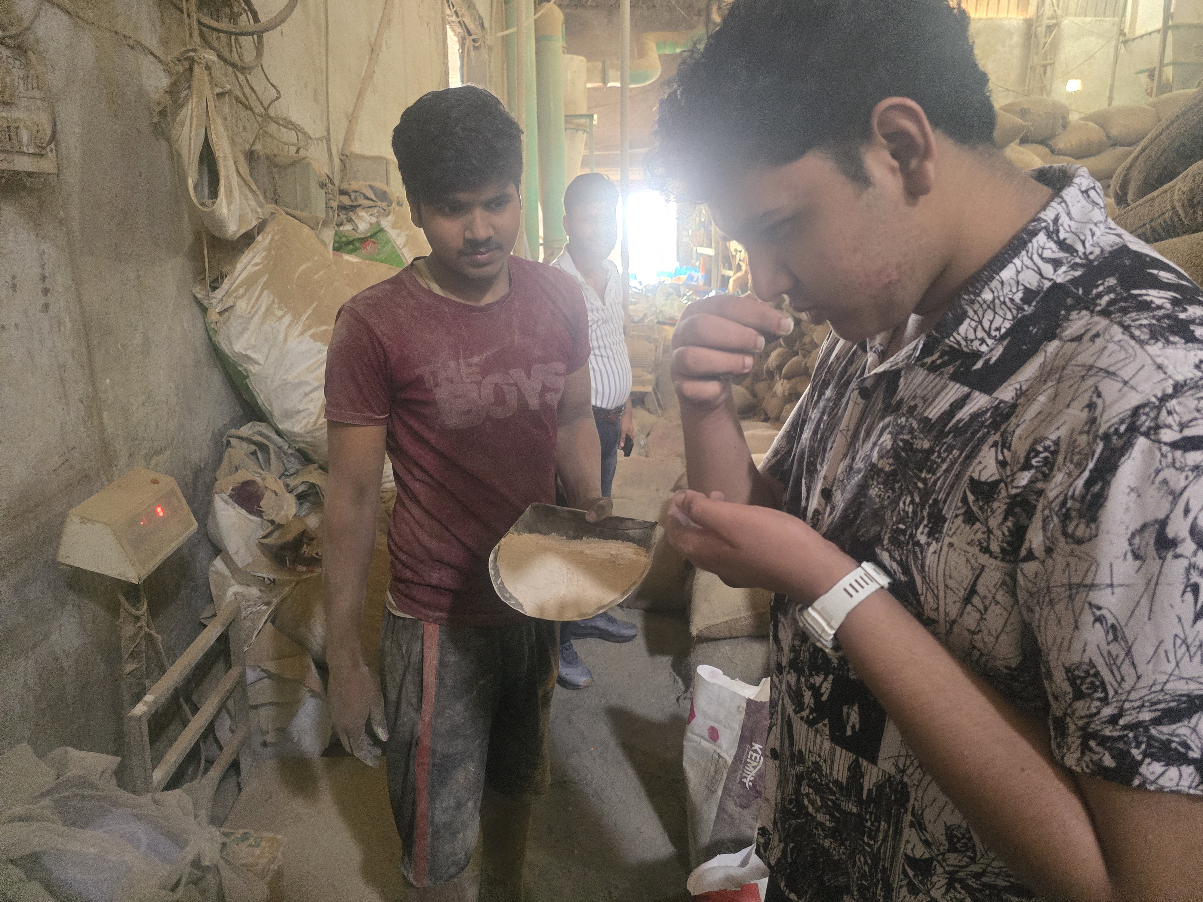 Inspecting a DDGS sample scoop with a mill worker